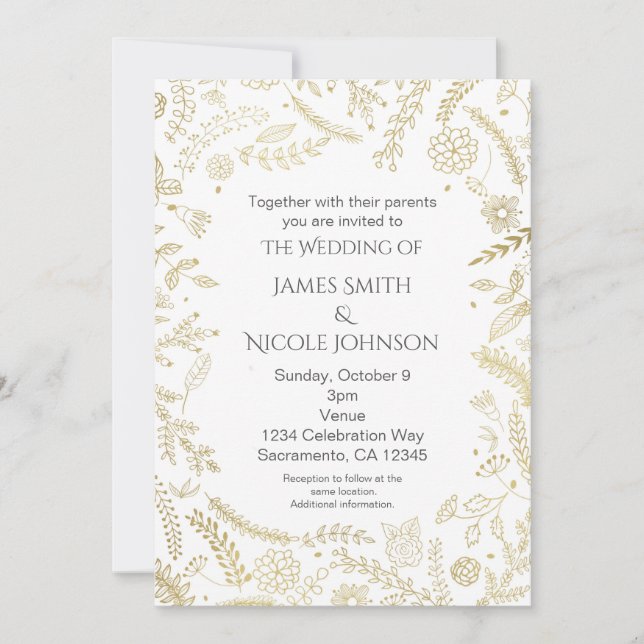 Gold Floral Leaves Rustic Wedding Invitations (Front)