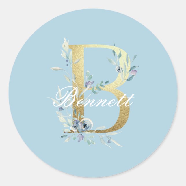 Gold Floral Letter "B" Customisable Classic Round Sticker (Front)
