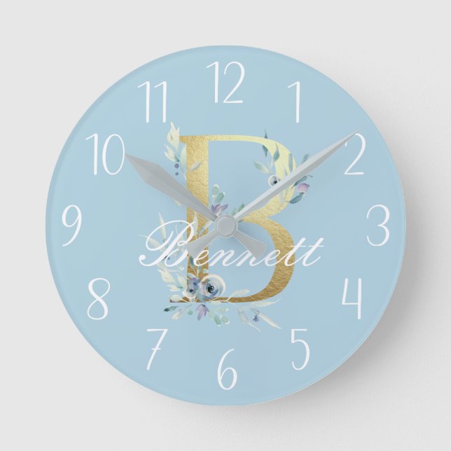 Gold Floral Letter "B" Customisable Round Clock (Front)