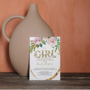 Gold floral lettering Girl baby Shower Save The Date