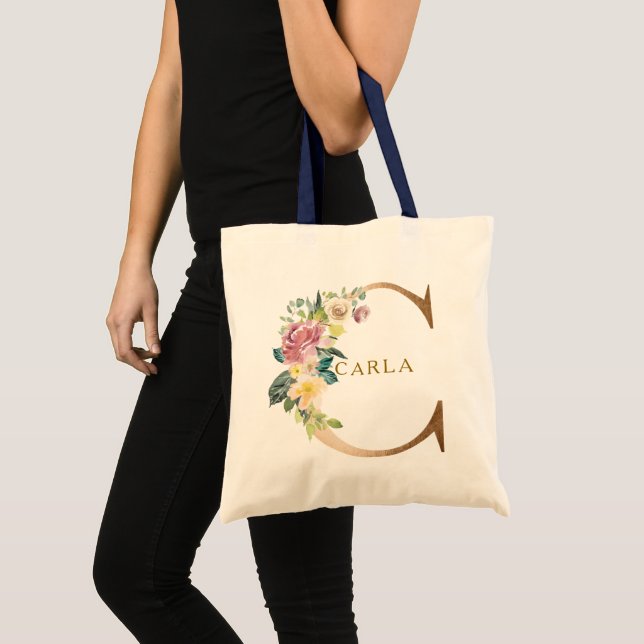 Gold floral lettering Monogram C Tote Bag (Front (Product))