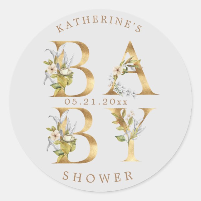 gold floral letters baby shower monogram classic round sticker (Front)