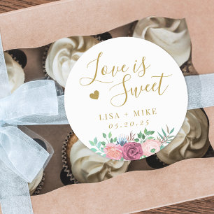 Gold Floral Love is Sweet Wedding Favour Classic Round Sticker