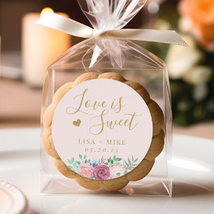 Gold Floral Love is Sweet Wedding Favour Pink Classic Round Sticker