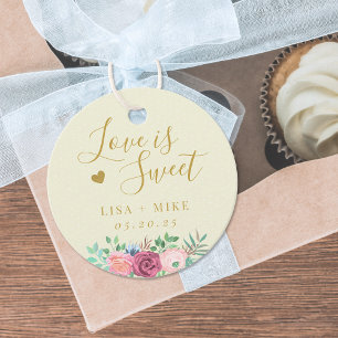 Gold Floral Love is Sweet Wedding Round Favour Tags