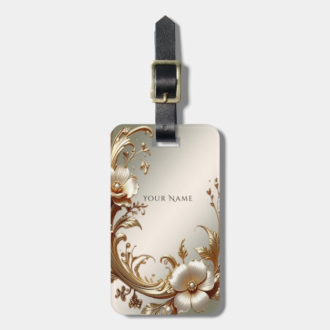 Gold Floral Luggage Tag (Front Vertical)