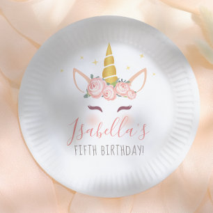 Gold Floral Magical Unicorn Girl Birthday Party Paper Plate