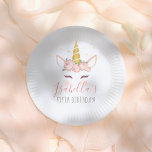 Gold Floral Magical Unicorn Girl Birthday Party Paper Plate<br><div class="desc">Add some fun to your birthday party with these paper plates! Made to match our Modern Gold Floral Magical Unicorn Birthday Party collection, this design features a unicorn face with a tiara of roses, purple eyelashes, yellow stars, and modern typography. Click on "Personalise this template" and fill in the boxes...</div>