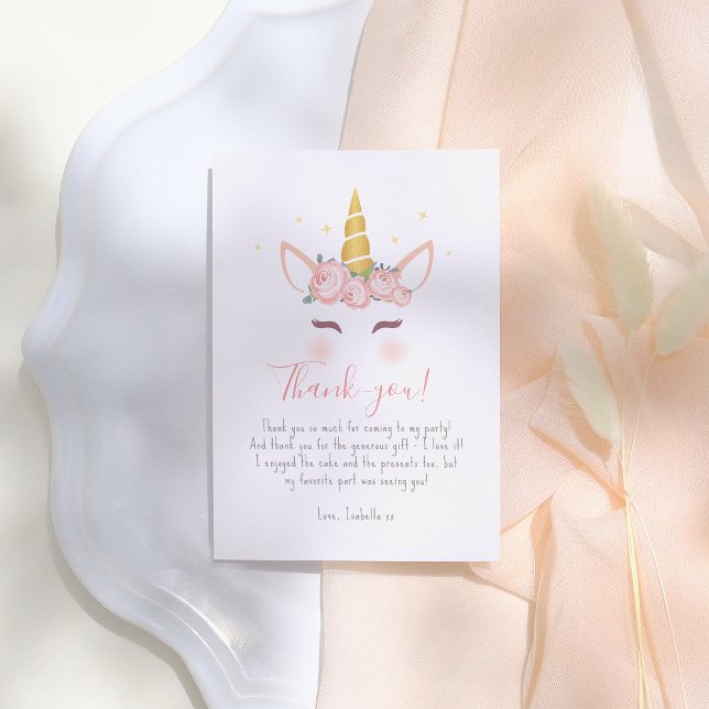 Gold Floral Magical Unicorn Girl Birthday Party Thank You Card (Creator Uploaded)