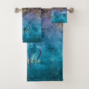 Gold floral mandala and confetti image bath towel set