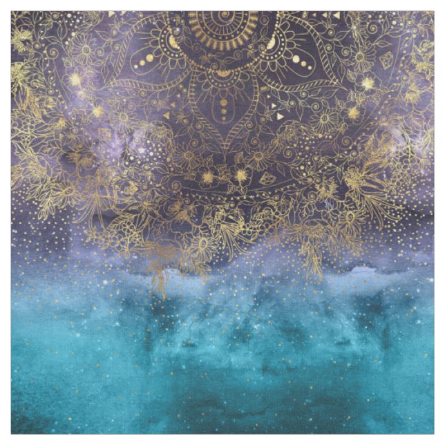 Gold floral mandala and confetti image fabric (Swatch)