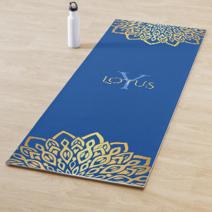 Gold Floral Mandala Navy Blue Monogram Yoga Mat