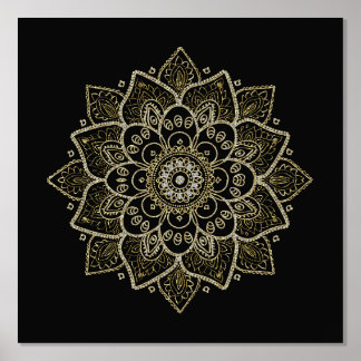 Gold Floral Mandala On Black Foil Prints