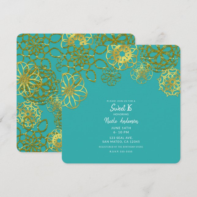 Gold Floral Mandalas Sweet 16 Sixteen Party Invitation (Front/Back)