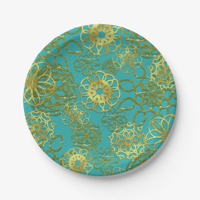 Gold Floral Mandalas Wedding Bridal Shower Party Paper Plate (Front)