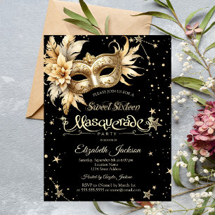 Gold Floral Masque Stars Sweet 16 Invitation