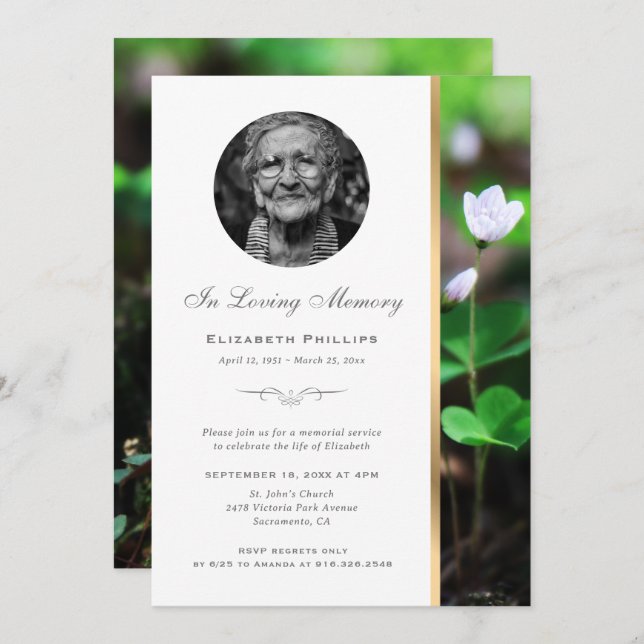 Gold Floral Memorial Service Photo Invitations (Front/Back)