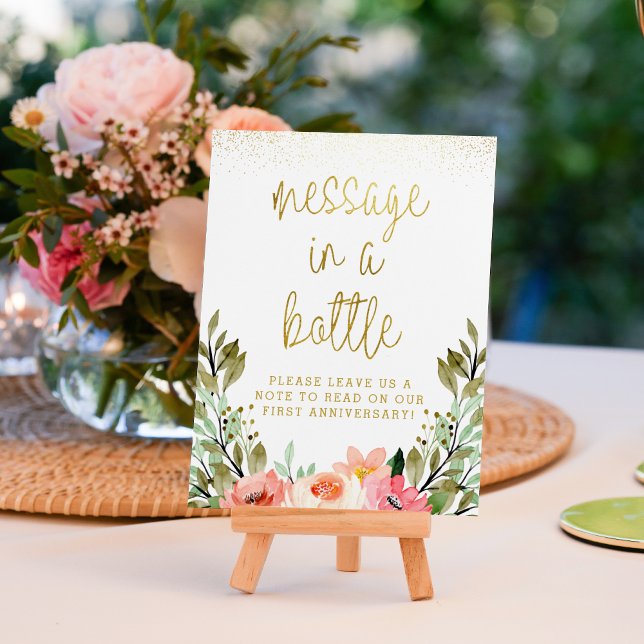 Gold Floral Message In A Bottle Bridal Shower Sign (Sign Mock-up)