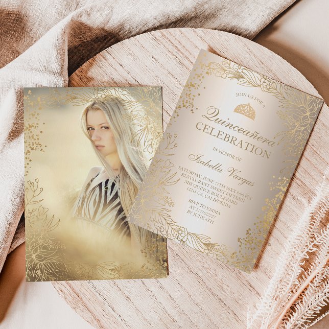 Gold floral metallic photo Tiara chic Quinceañera Invitation (Creator Uploaded)