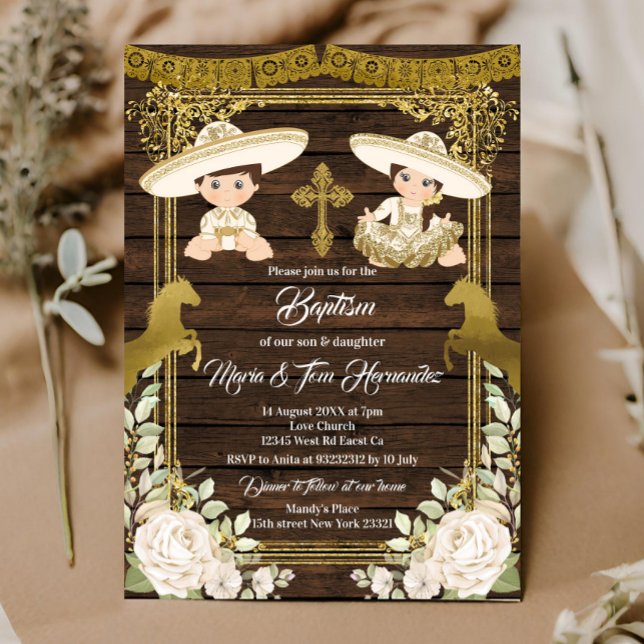 Gold Floral Mexican Baptism Fiesta Twin  Invitatio Invitation (Creator Uploaded)