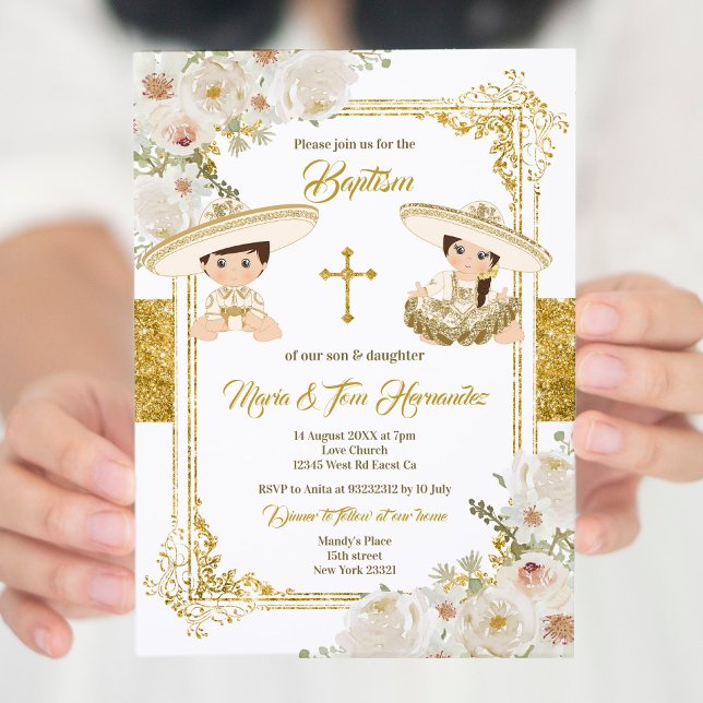 Gold Floral Mexican Baptism Fiesta Twin  Invitation (Creator Uploaded)