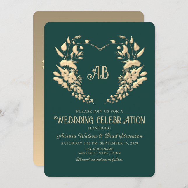 Gold Floral Monogram Emerald Wedding Invitation (Front/Back)
