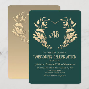Gold Floral Monogram Emerald Wedding Invitation