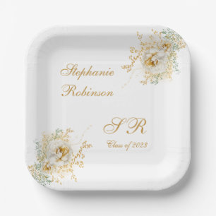 Gold Floral Monogram Graduation Party Paper Plate