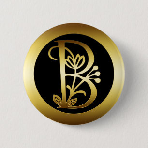 GOLD FLORAL MONOGRAM LETTER B 6 CM ROUND BADGE