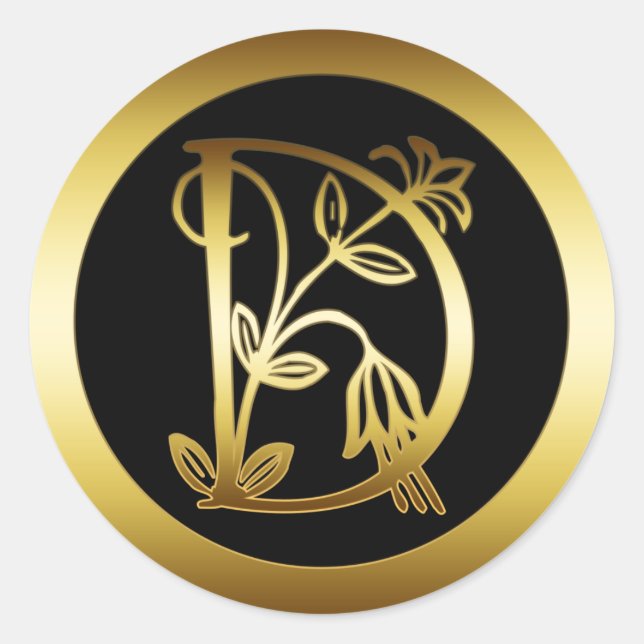 GOLD FLORAL MONOGRAM LETTER D CLASSIC ROUND STICKER (Front)