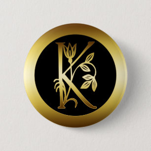 GOLD FLORAL MONOGRAM LETTER K 6 CM ROUND BADGE