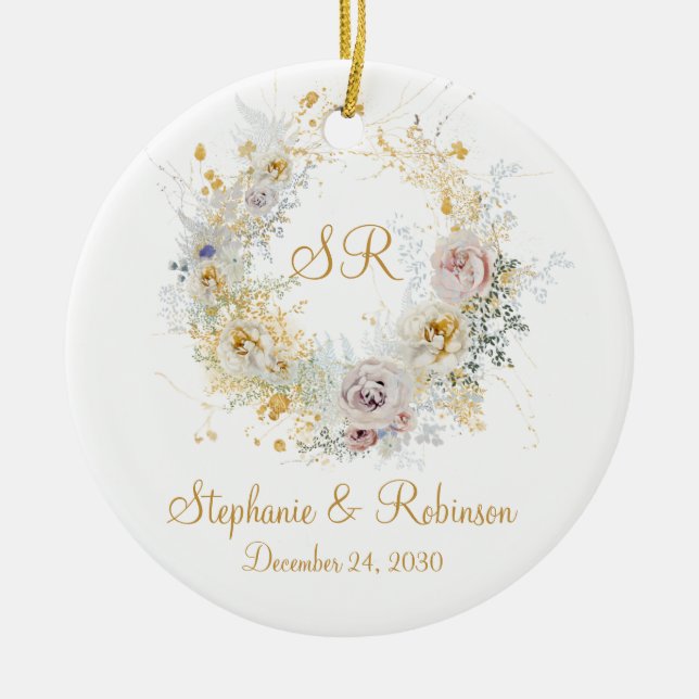 Gold Floral Monogram Logo Wedding Gift   Ceramic Tree Decoration (Front)