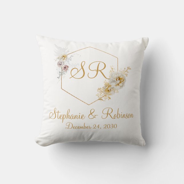 Gold Floral Monogram Logo Wedding Gift  Cushion (Front)