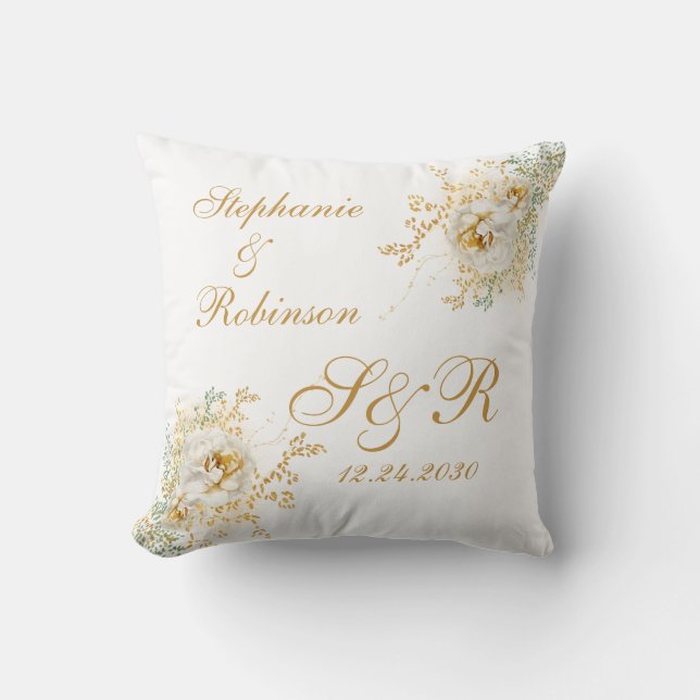 Gold Floral Monogram Logo Wedding Gift Cushion (Front)