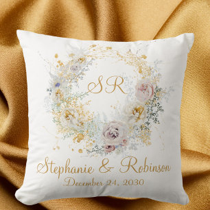 Gold Floral Monogram Logo Wedding Gift Cushion