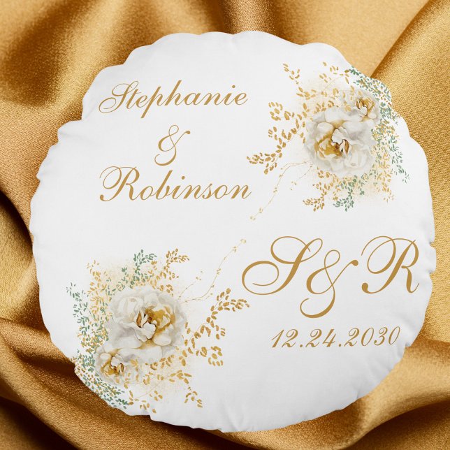 Gold Floral Monogram Logo Wedding Gift Round Cushion (Creator Uploaded)