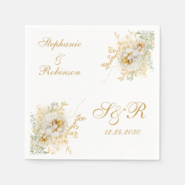 Gold Floral Monogram Logo Wedding  Napkin (Front)