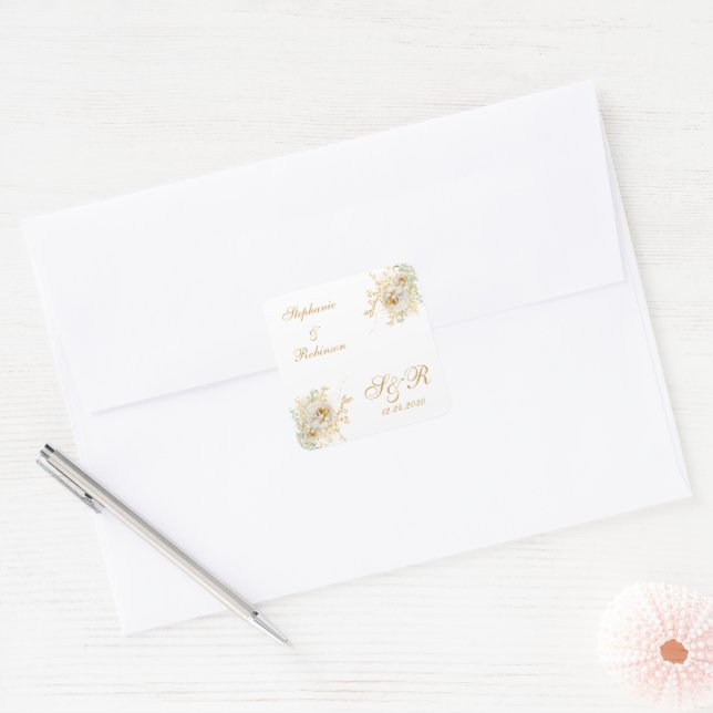 Gold Floral Monogram Logo Wedding   Square Sticker (Envelope)