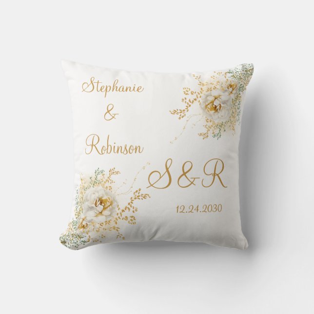 Gold Floral Monogram Logo Wedding  Throw Pillow (Front)