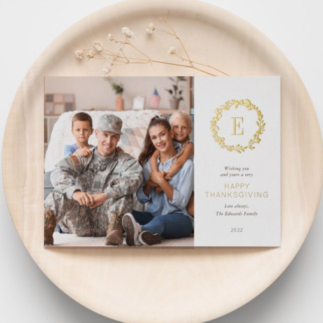 Gold Floral Monogram Thanksgiving Greeting Photo (Creator Uploaded)