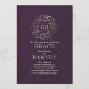Gold Floral Monogram Vintage Plum Engagement Party Invitation