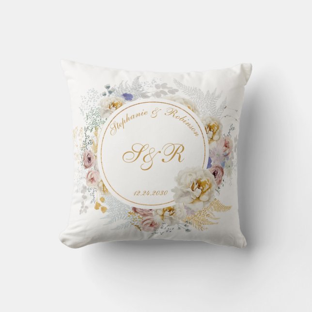 Gold Floral Monogram Wedding Cushion (Front)