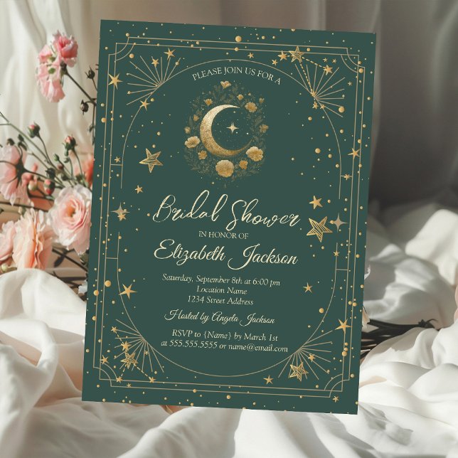Gold Floral Moon Stars Frame Green Bridal Shower Invitation (Creator Uploaded)