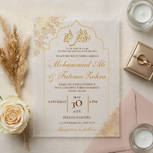 Gold Floral Mosque Elegance Muslim Wedding Nikah Acrylic Invitations