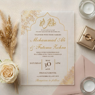 Gold Floral Mosque Elegance Muslim Wedding Nikah Acrylic Invitations