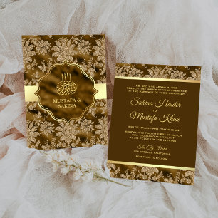 Gold Floral Moss Brown Islamic Muslim Wedding Invitation
