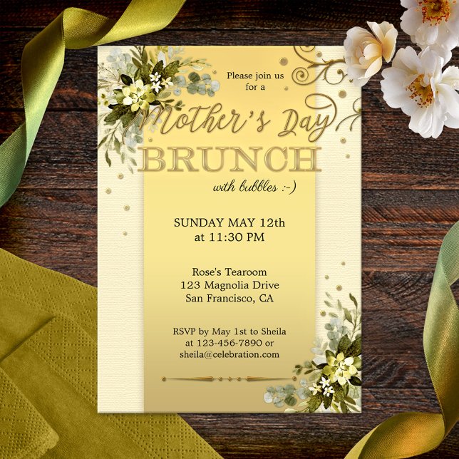 Gold Floral Mothers Day Brunch Invitation (Elegant Mother's Day Brunch invitation featuring a gold stylized design with watercolor leaves)