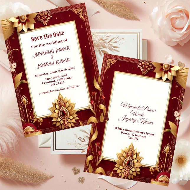Gold Floral Motif Asymmetric Grand Indian Wedding  Save The Date (Gold Floral Motif Asymmetric Grand Indian Wedding Save The Date)