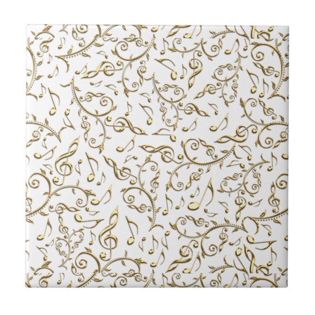 Gold Floral Music Pattern On White or Any Colour Tile (Front)