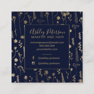 Gold floral navy blue hair makeup typography square business card